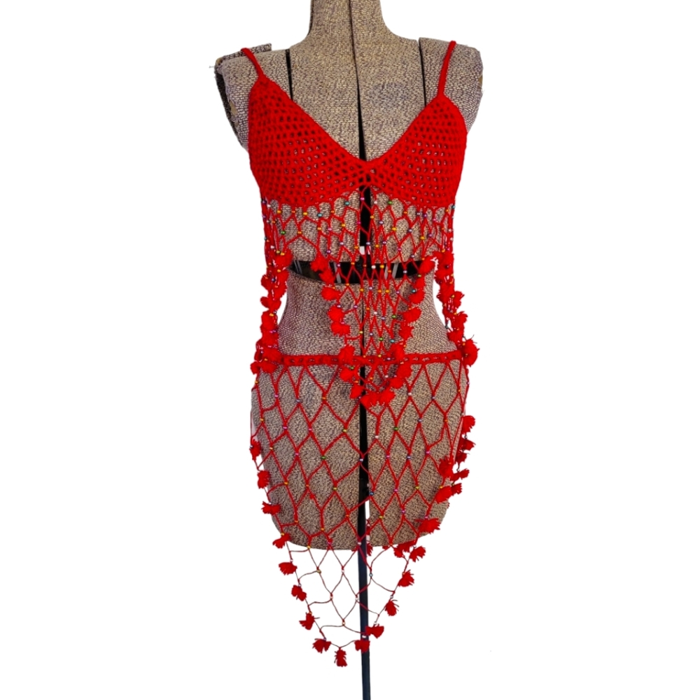 2 piece handmade red crochet swimsuit cover-up